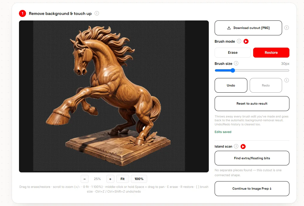 The finished cutout with the scan reporting no separate pieces