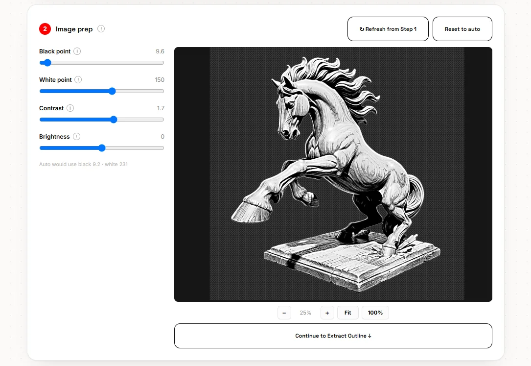 Laser Prep Step 2 with black point, white point, contrast and brightness sliders beside a grayscale preview