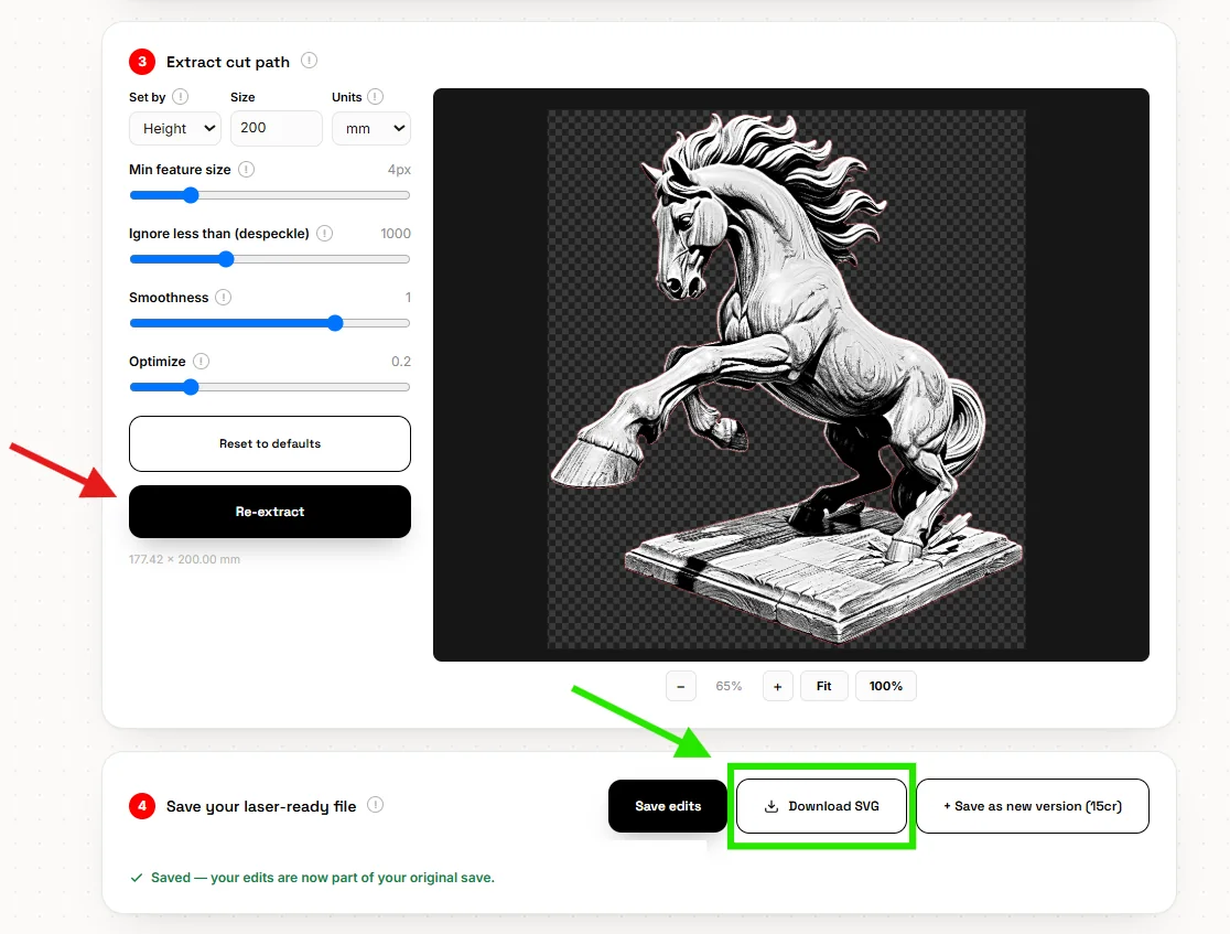 Laser Prep Step 3 with outline settings, the Re-extract button, and Step 4's Save edits and Download SVG buttons