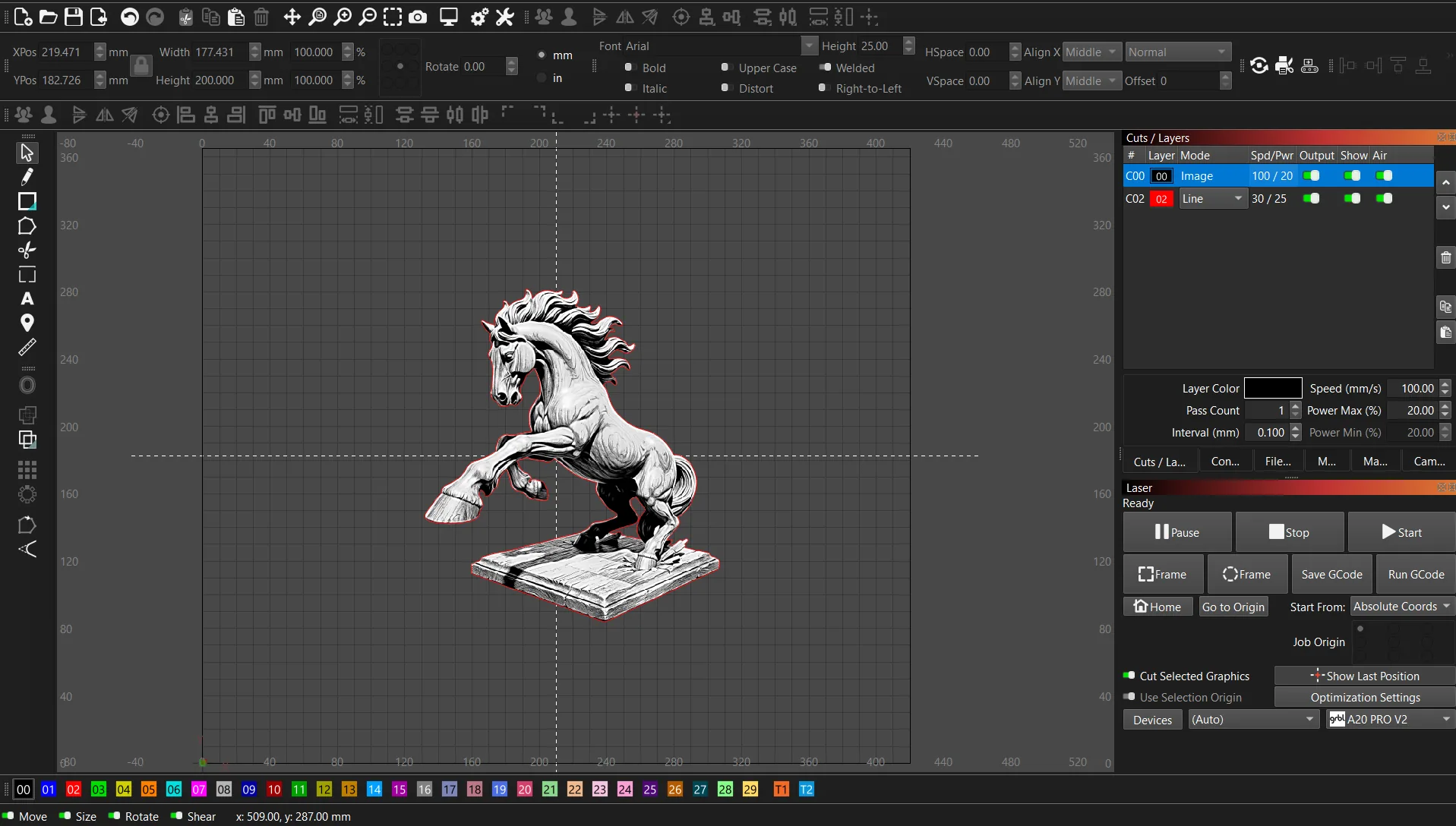 The laser-ready SVG in LightBurn, with an Image layer and a Line layer