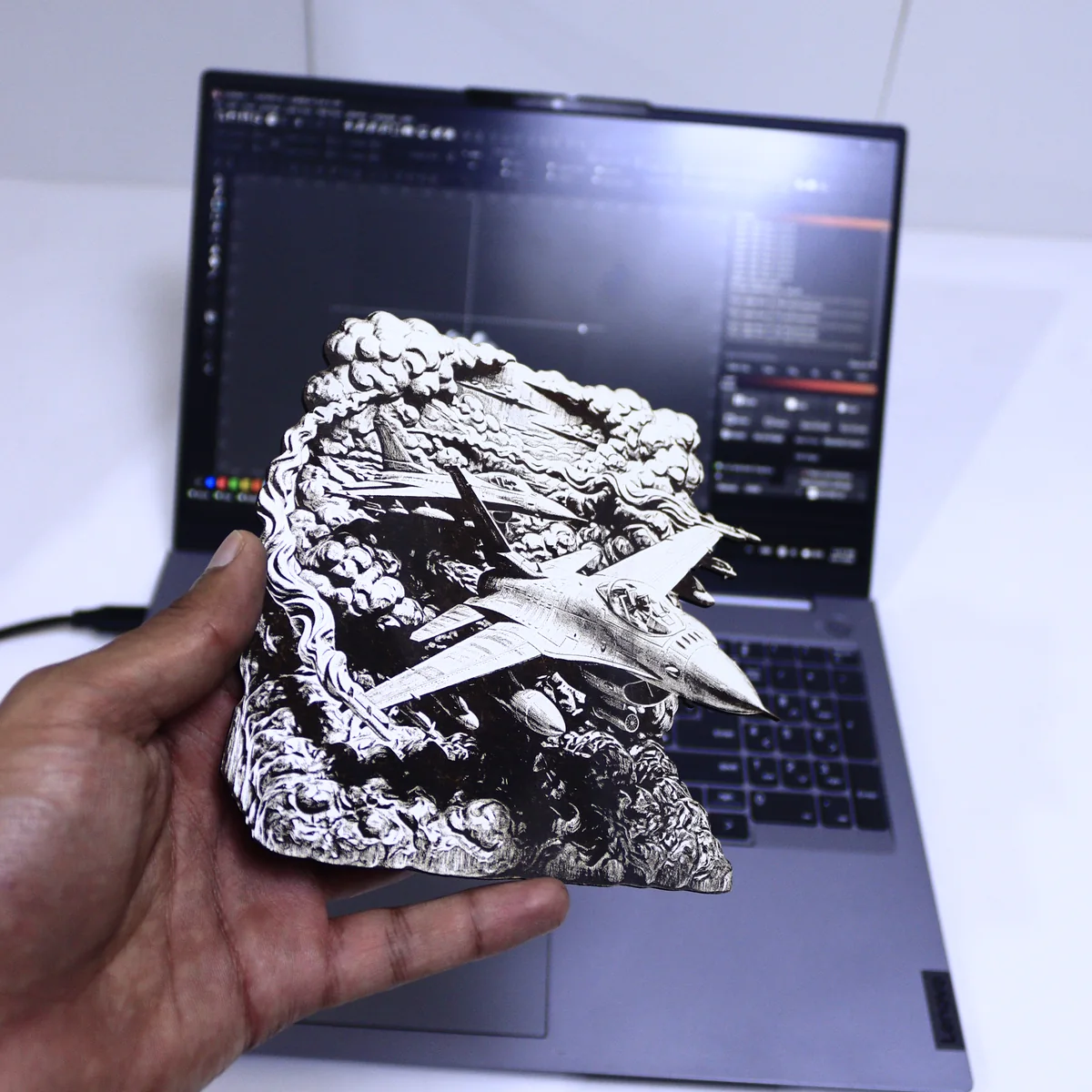 Engraved fighter jet 3D illusion