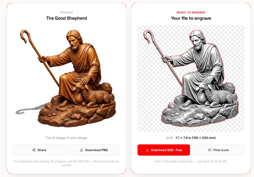 A Studio design next to its file to engrave, with the cut line traced and Download SVG and Fine-tune buttons