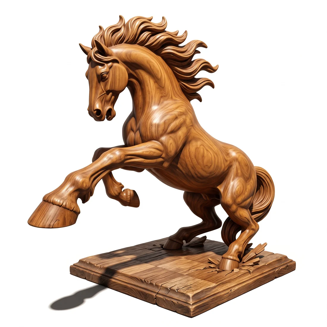 Studio design of a wild horse breaking out of its wooden base
